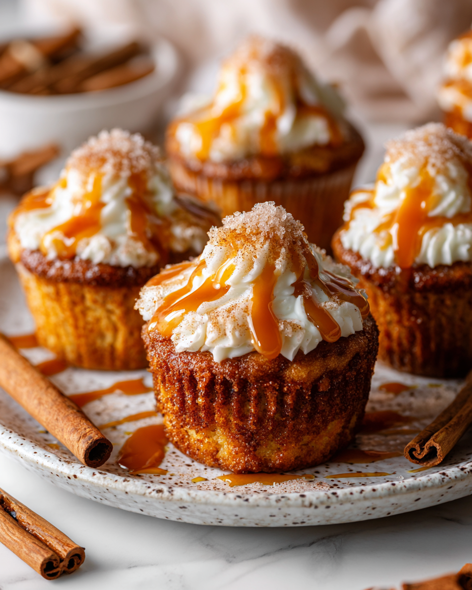 Churro cupcakes topped with cinnamon-sugar and cream cheese frosting, perfect festive dessert for holiday gatherings.
