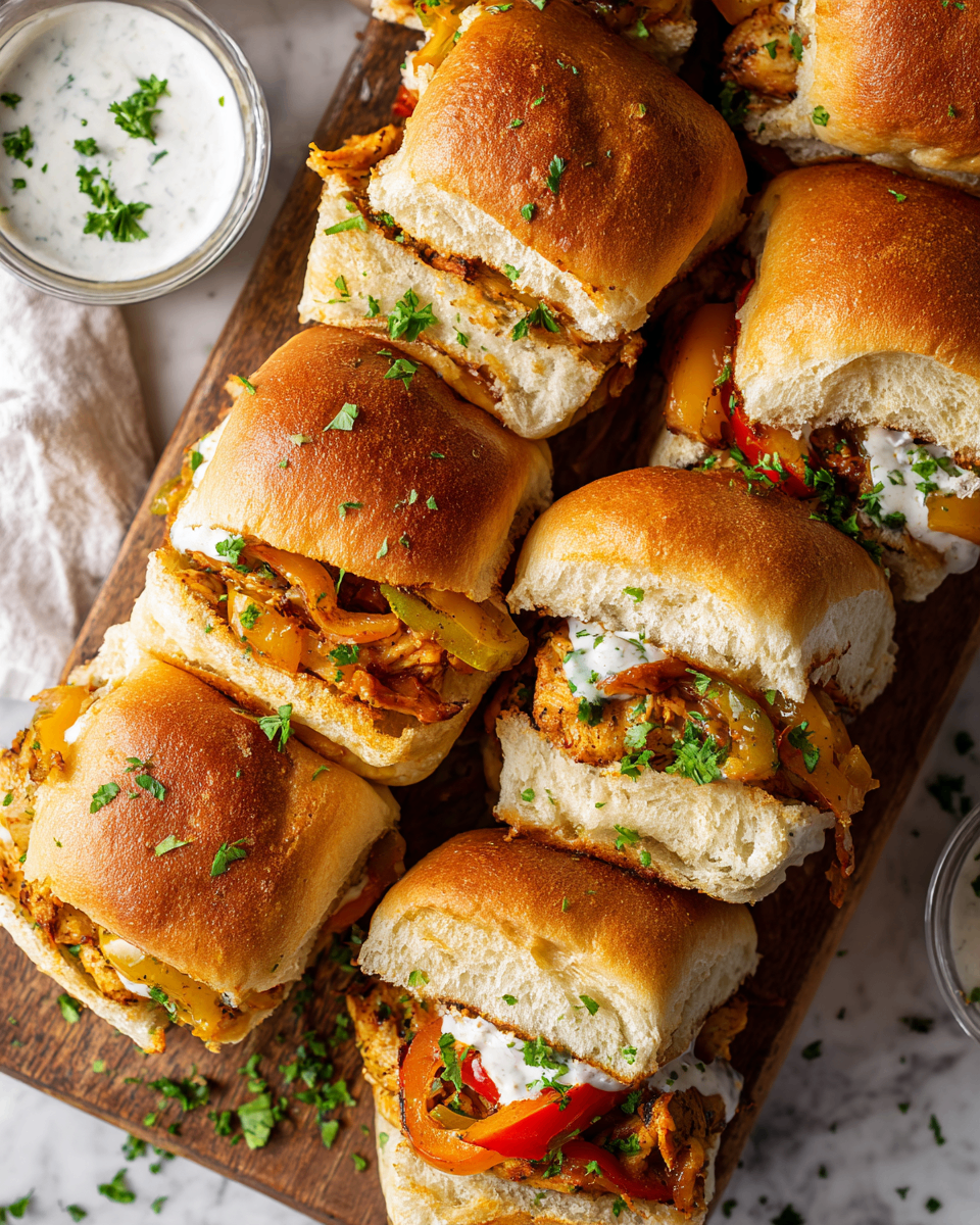 Delicious Chicken Philly Sliders filled with chicken, creamy cheese, and sautéed veggies, perfect for holiday gatherings.