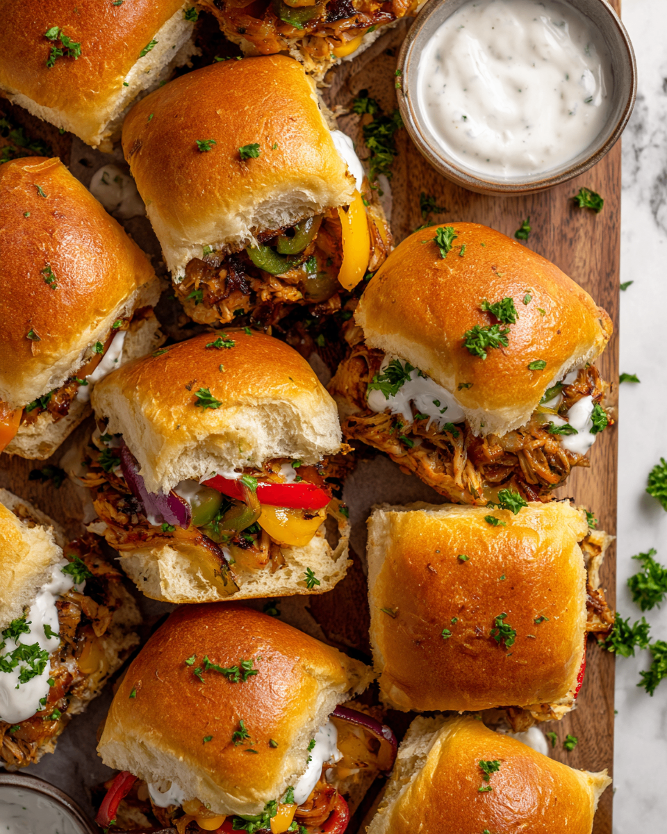 Delicious Chicken Philly Sliders filled with chicken, creamy cheese, and sautéed veggies, perfect for holiday gatherings.