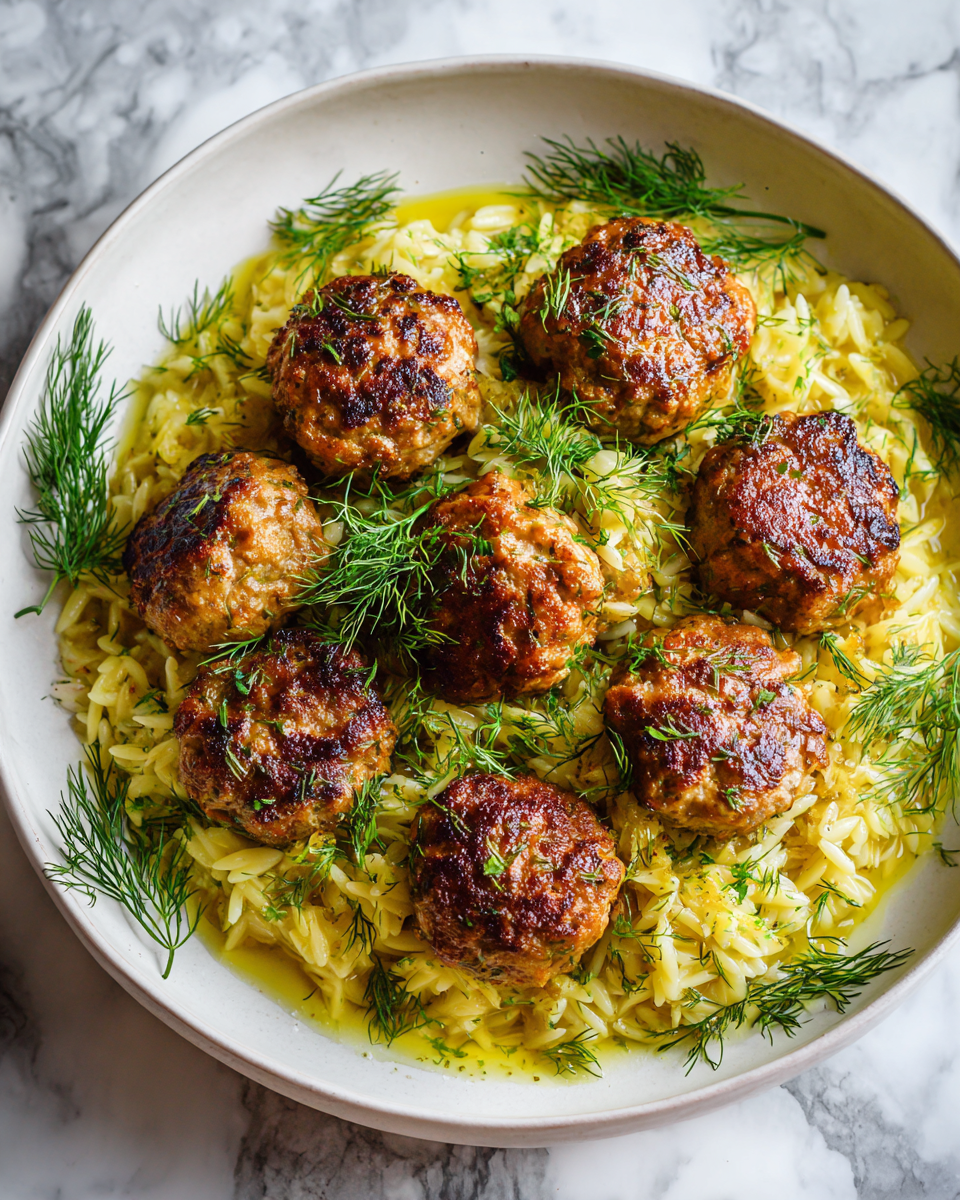 Greek chicken meatballs with lemon orzo, a comforting holiday dish, featuring savory meatballs and zesty orzo pasta, perfect for cozy gatherings.