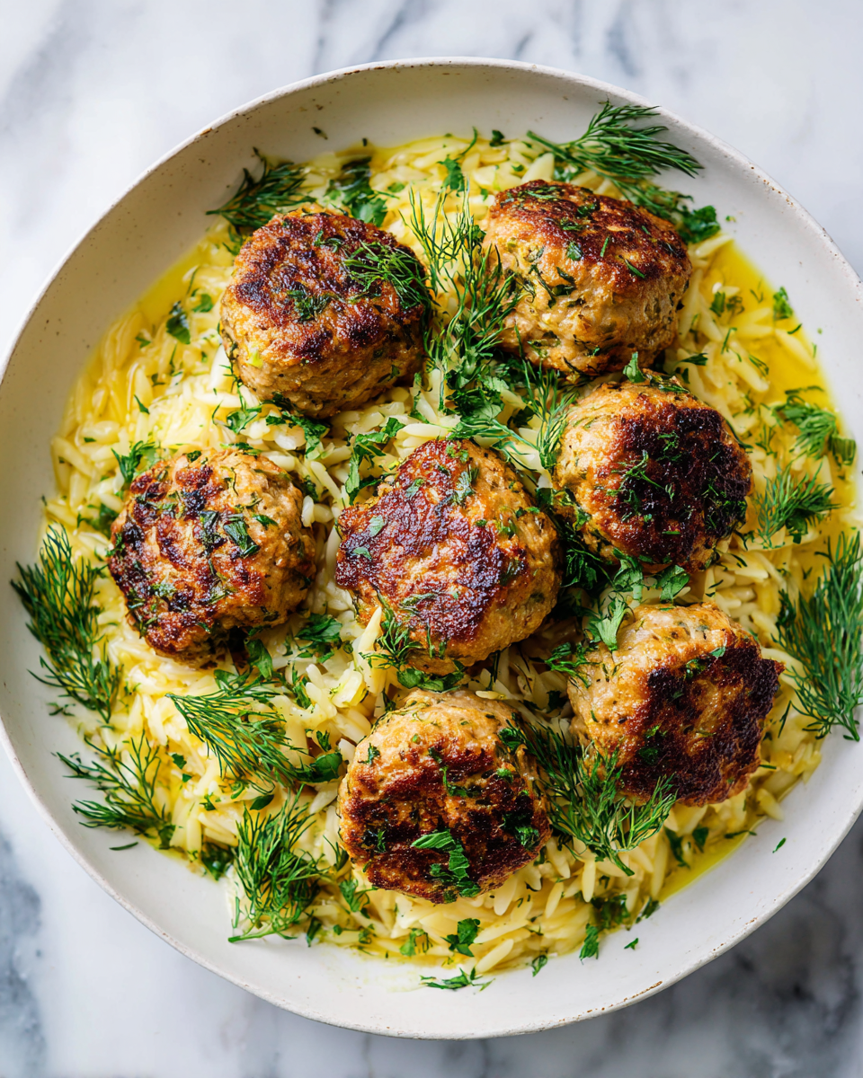 Greek chicken meatballs with lemon orzo, a comforting holiday dish, featuring savory meatballs and zesty orzo pasta, perfect for cozy gatherings.