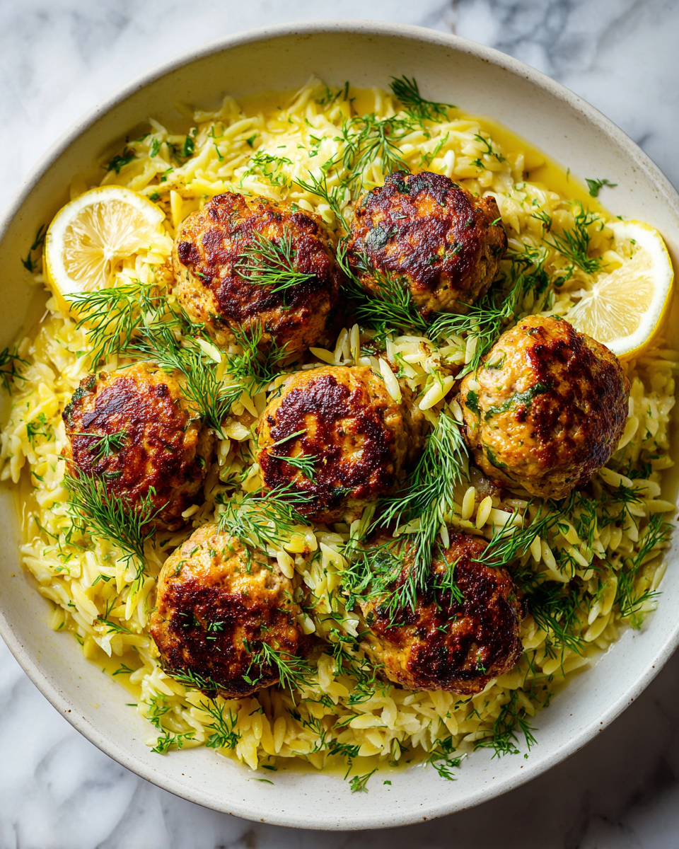 Greek chicken meatballs with lemon orzo, a comforting holiday dish, featuring savory meatballs and zesty orzo pasta, perfect for cozy gatherings.