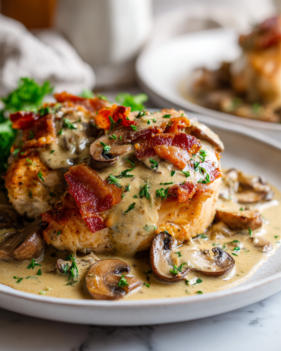 Creamy Bacon Mushroom Thyme Chicken: Cozy Delight Creamy Bacon Mushroom Thyme Chicken in a skillet, a warm and cozy dish perfect for fall evenings.