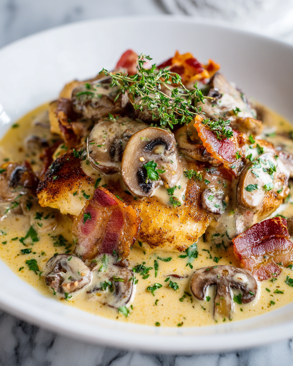 Creamy Bacon Mushroom Thyme Chicken: Cozy Delight Creamy Bacon Mushroom Thyme Chicken in a skillet, a warm and cozy dish perfect for fall evenings.
