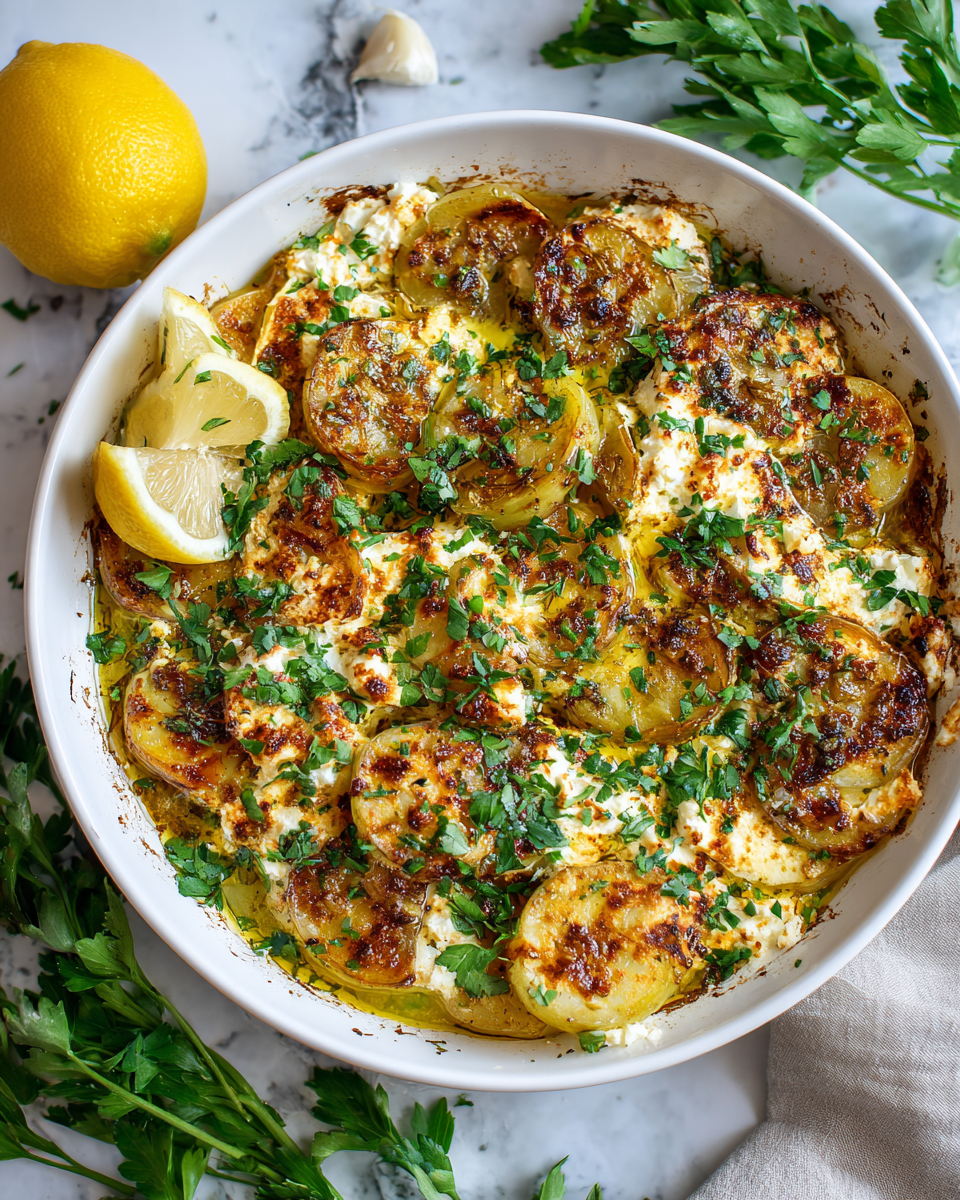 Delicious baked feta potatoes with creamy feta and tender Yukon Gold, perfect for cozy gatherings and festive meals.