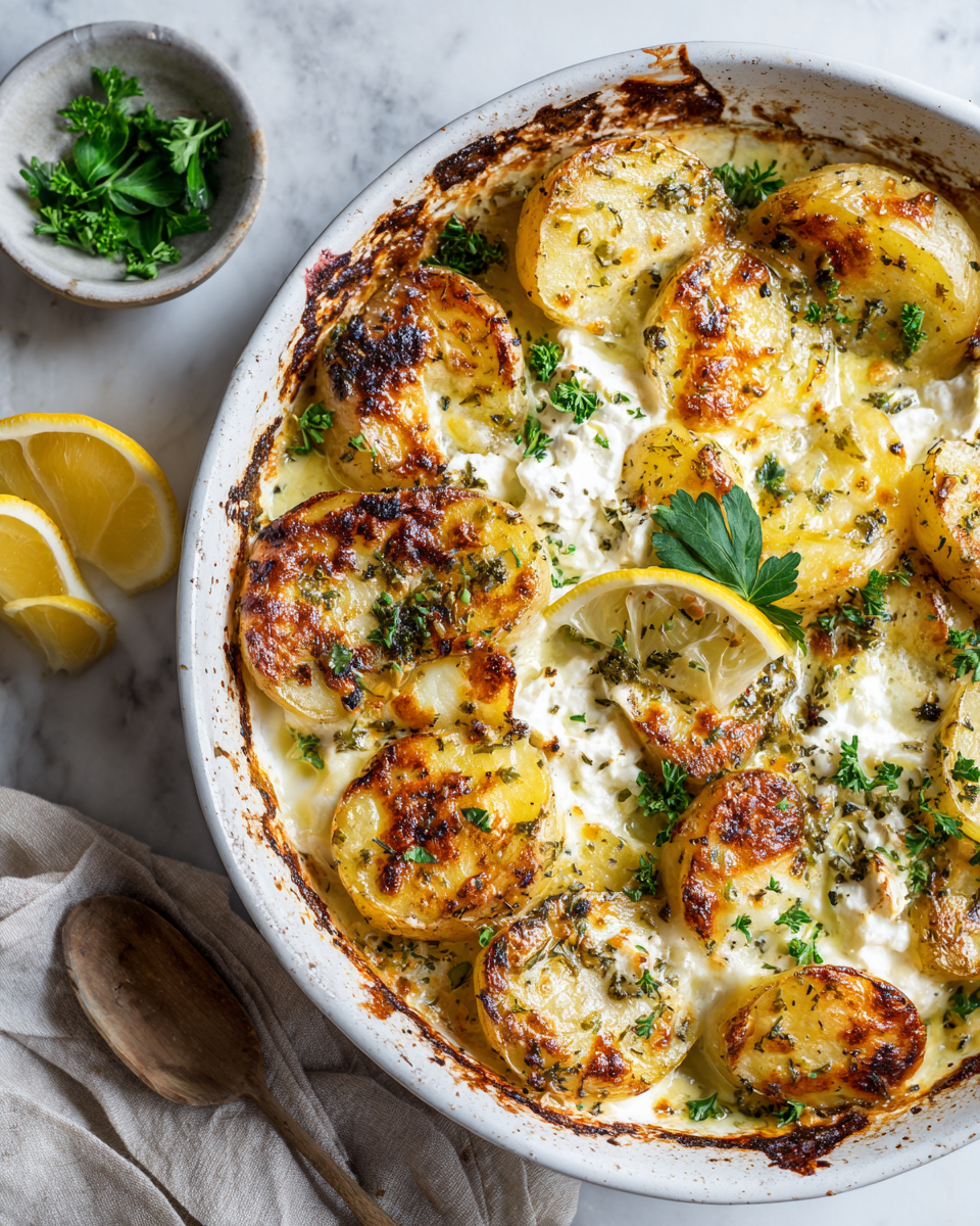 Delicious baked feta potatoes with creamy feta and tender Yukon Gold, perfect for cozy gatherings and festive meals.