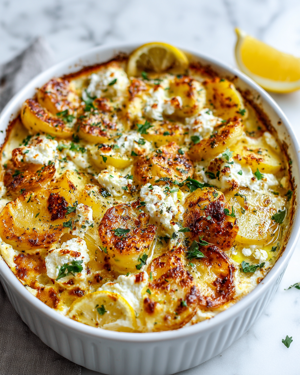 Delicious baked feta potatoes with creamy feta and tender Yukon Gold, perfect for cozy gatherings and festive meals.