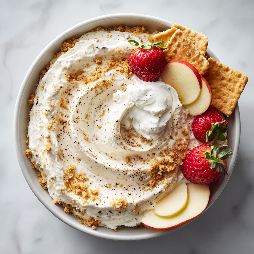 Creamy Cheesecake Dip for Holiday Gatherings Creamy cheesecake dip served with fresh fruit and graham crackers for dipping. Perfect no-cook dessert for holiday gatherings.