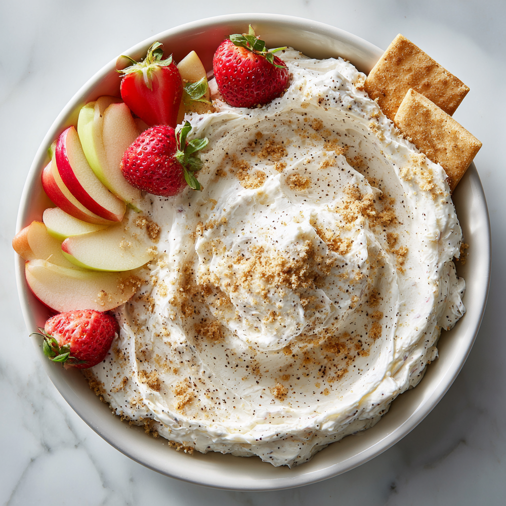 Creamy Cheesecake Dip for Holiday Gatherings Creamy cheesecake dip served with fresh fruit and graham crackers for dipping. Perfect no-cook dessert for holiday gatherings.