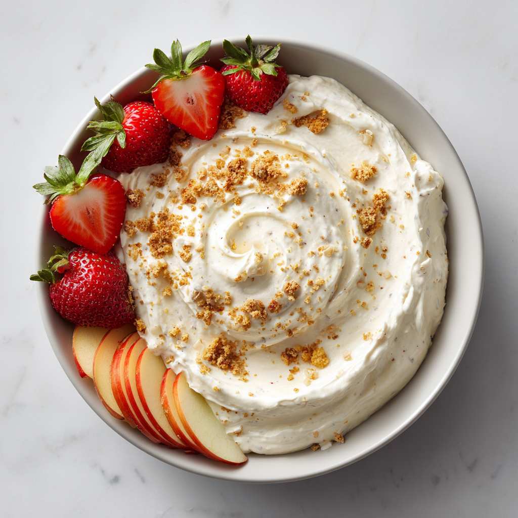 Creamy Cheesecake Dip for Holiday Gatherings Creamy cheesecake dip served with fresh fruit and graham crackers for dipping. Perfect no-cook dessert for holiday gatherings.