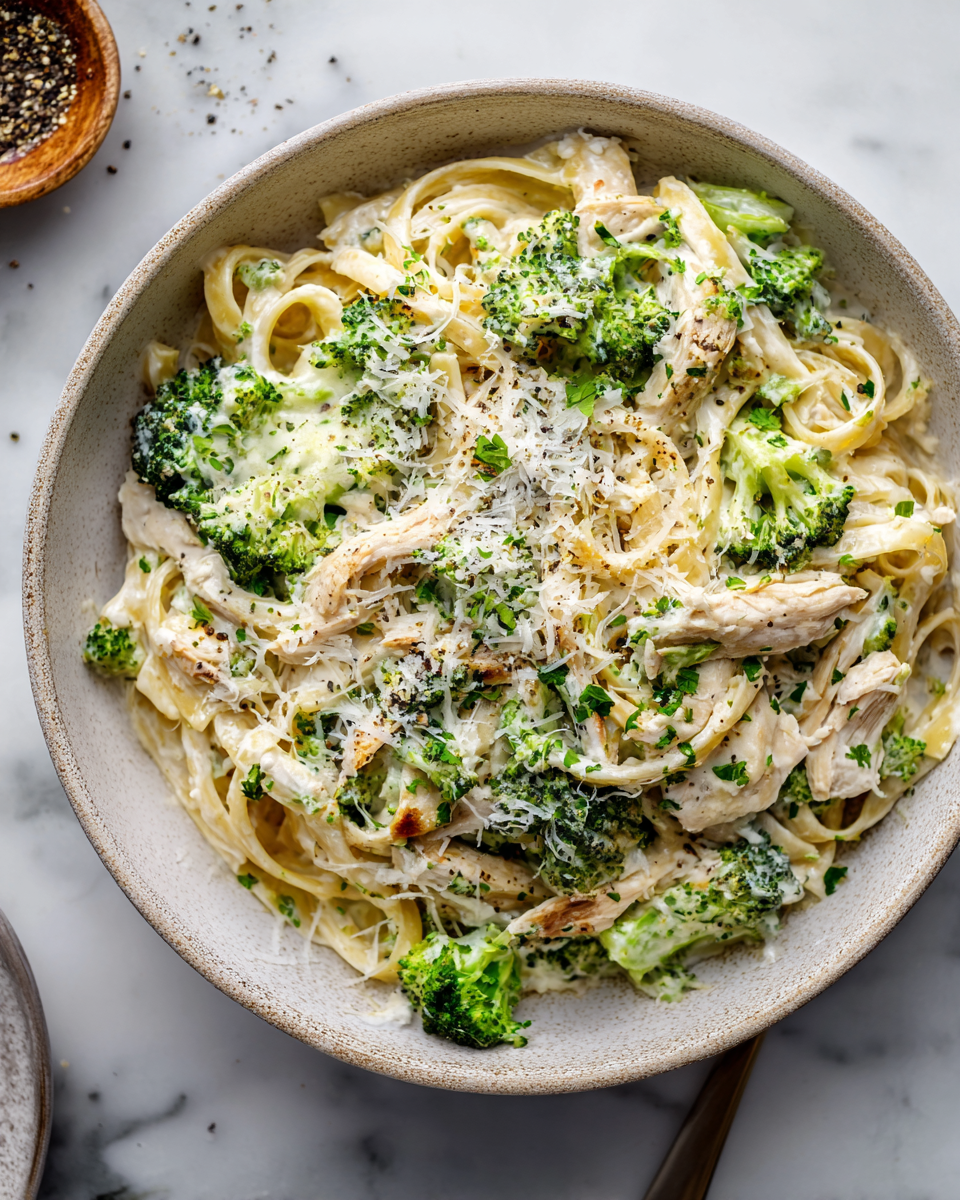 Creamy Three Cheese Chicken Broccoli Alfredo A creamy Three Cheese Chicken Broccoli Alfredo dish with fettuccine, topped with fresh broccoli, Parmesan, and mozzarella, perfect for cozy dinners.
