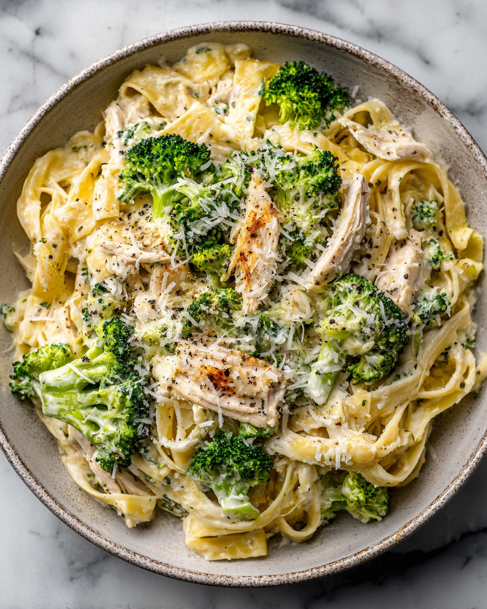 Creamy Three Cheese Chicken Broccoli Alfredo A creamy Three Cheese Chicken Broccoli Alfredo dish with fettuccine, topped with fresh broccoli, Parmesan, and mozzarella, perfect for cozy dinners.