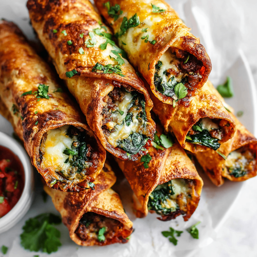 Crispy Baked Spinach and Sausage Taquitos Baked sausage and spinach taquitos on a plate, showcasing golden crispy tortillas filled with savory eggs and cheese, perfect for brunch.