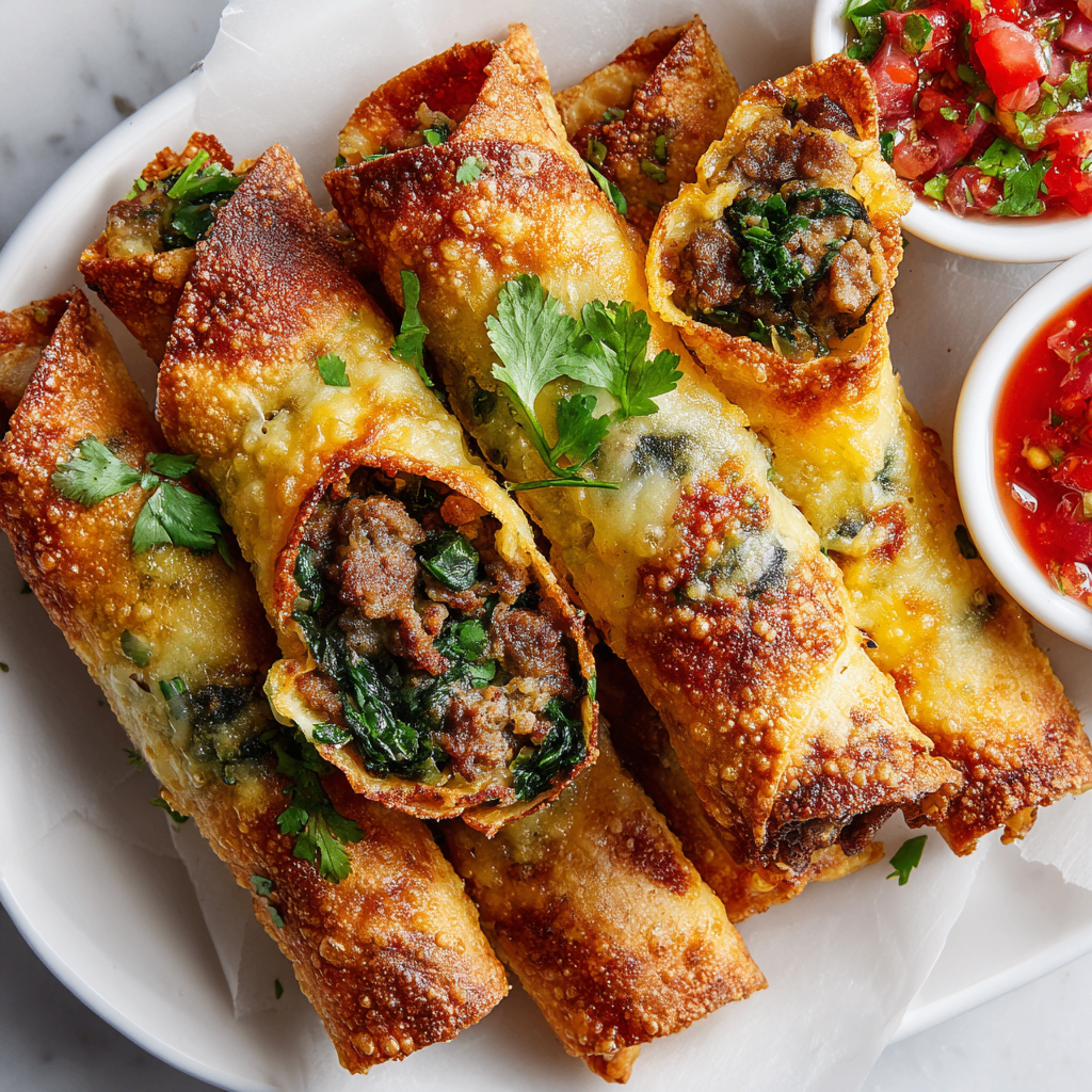 Crispy Baked Spinach and Sausage Taquitos Baked sausage and spinach taquitos on a plate, showcasing golden crispy tortillas filled with savory eggs and cheese, perfect for brunch.