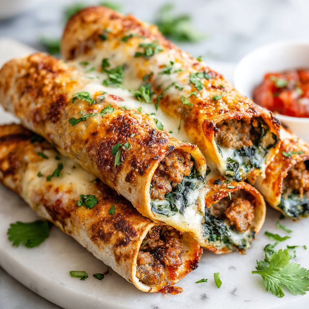 Crispy Baked Spinach and Sausage Taquitos Baked sausage and spinach taquitos on a plate, showcasing golden crispy tortillas filled with savory eggs and cheese, perfect for brunch.