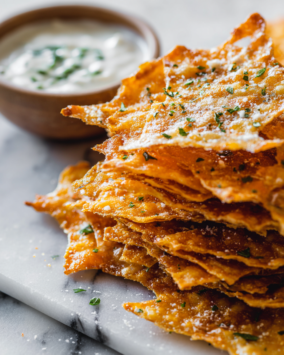 A plate of crispy cottage cheese chips, garnished and ready for serving. Perfect high-protein snack for gatherings.