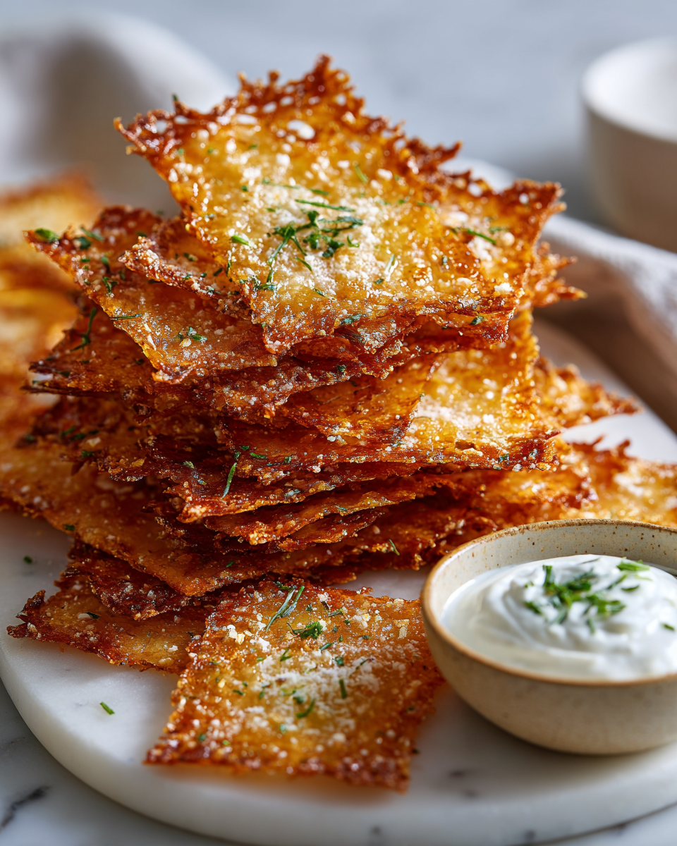 A plate of crispy cottage cheese chips, garnished and ready for serving. Perfect high-protein snack for gatherings.