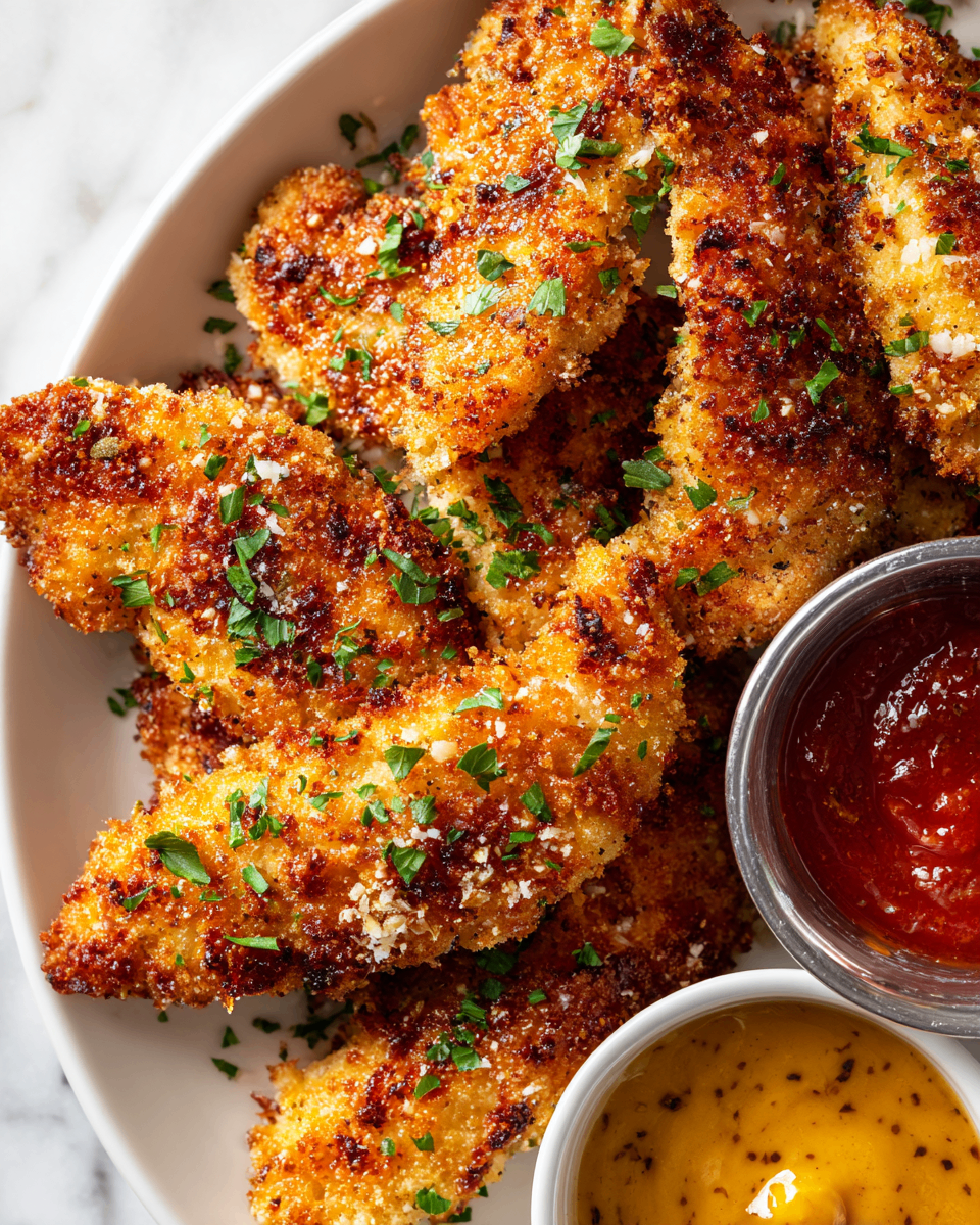Crispy Garlic Parmesan Chicken Tenders Crispy garlic parmesan chicken tenders garnished with parsley on a plate, showcasing their golden-brown crust and fresh ingredients.