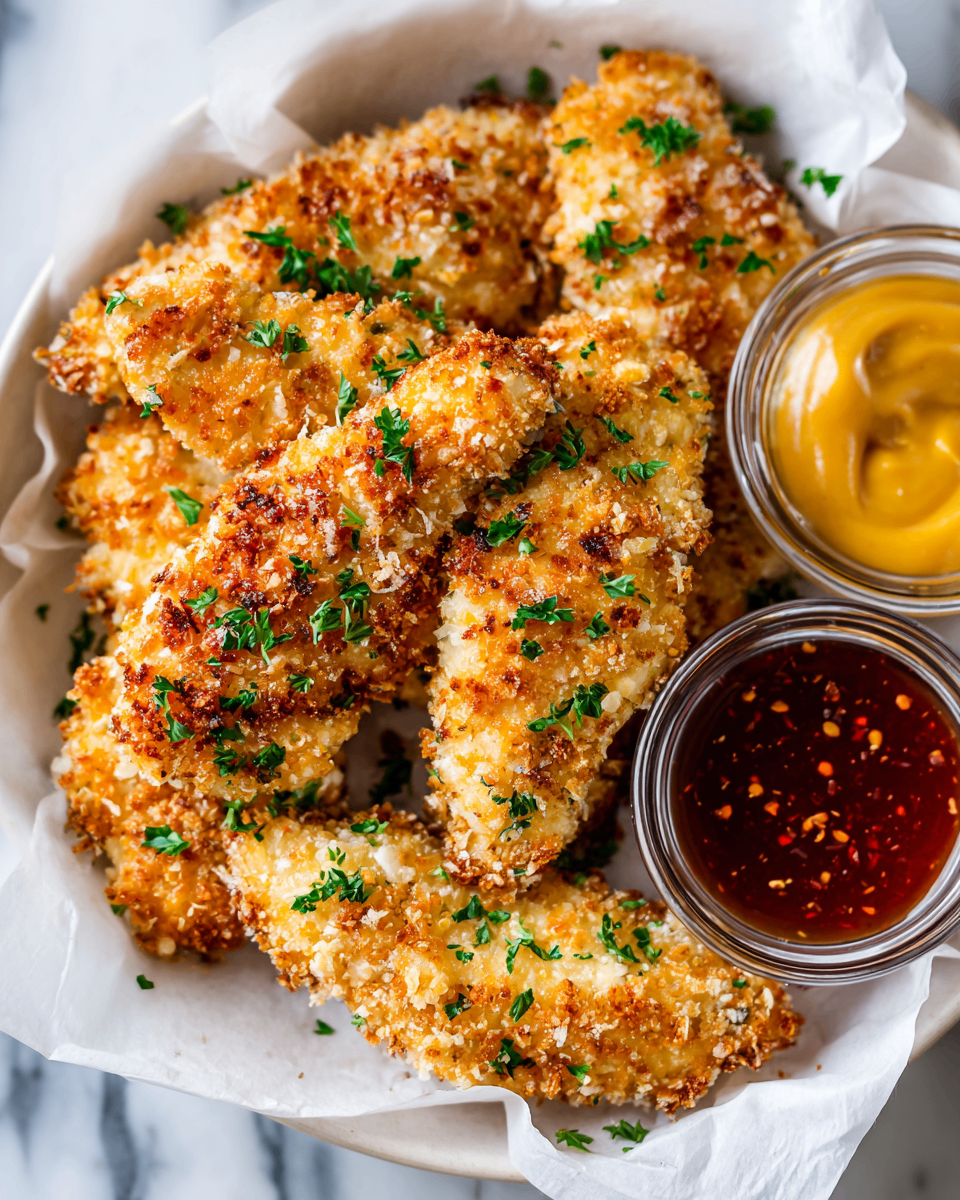 Crispy Garlic Parmesan Chicken Tenders Crispy garlic parmesan chicken tenders garnished with parsley on a plate, showcasing their golden-brown crust and fresh ingredients.