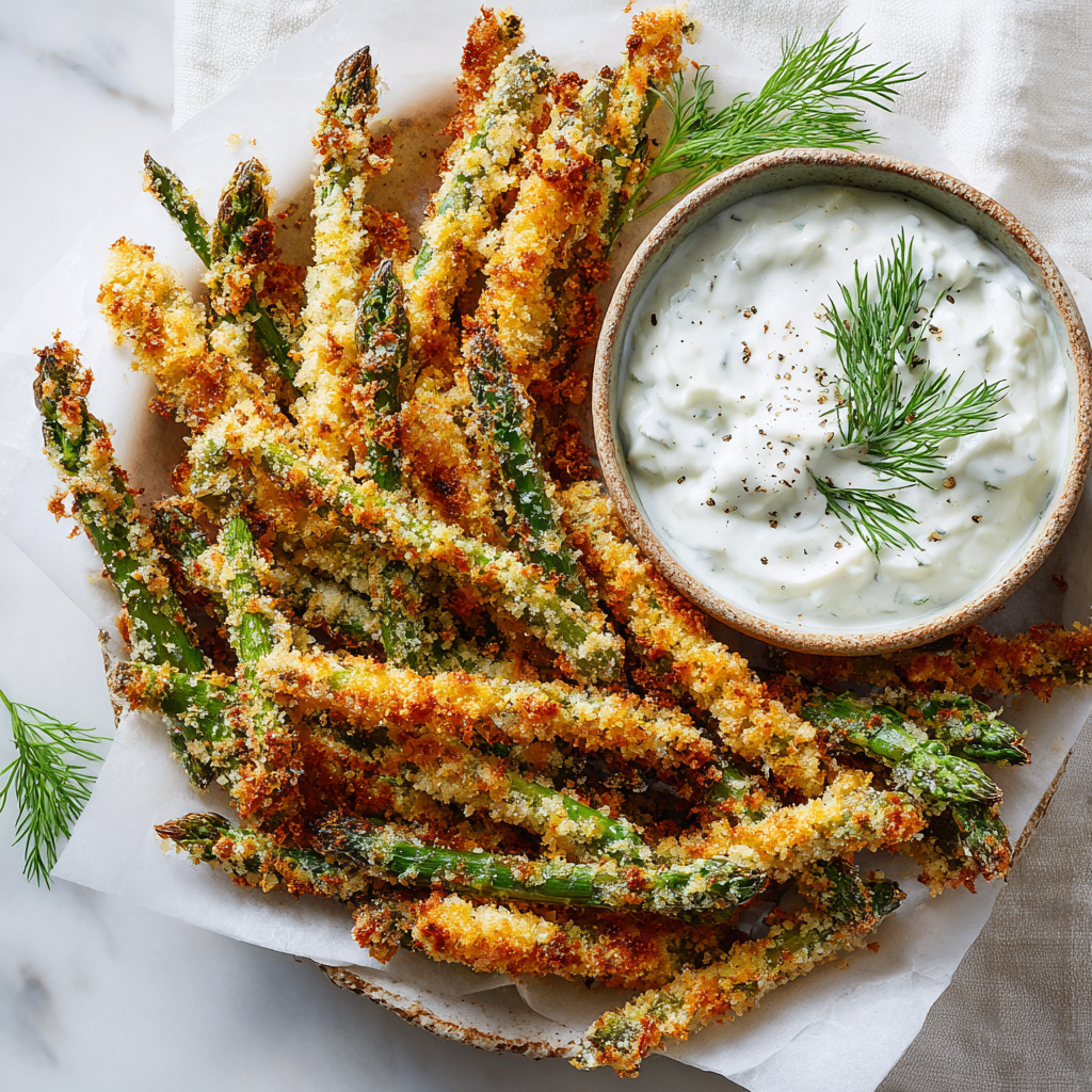 Crispy Parmesan Herb Asparagus Fries served with creamy ranch dip, a perfect holiday appetizer for gatherings.