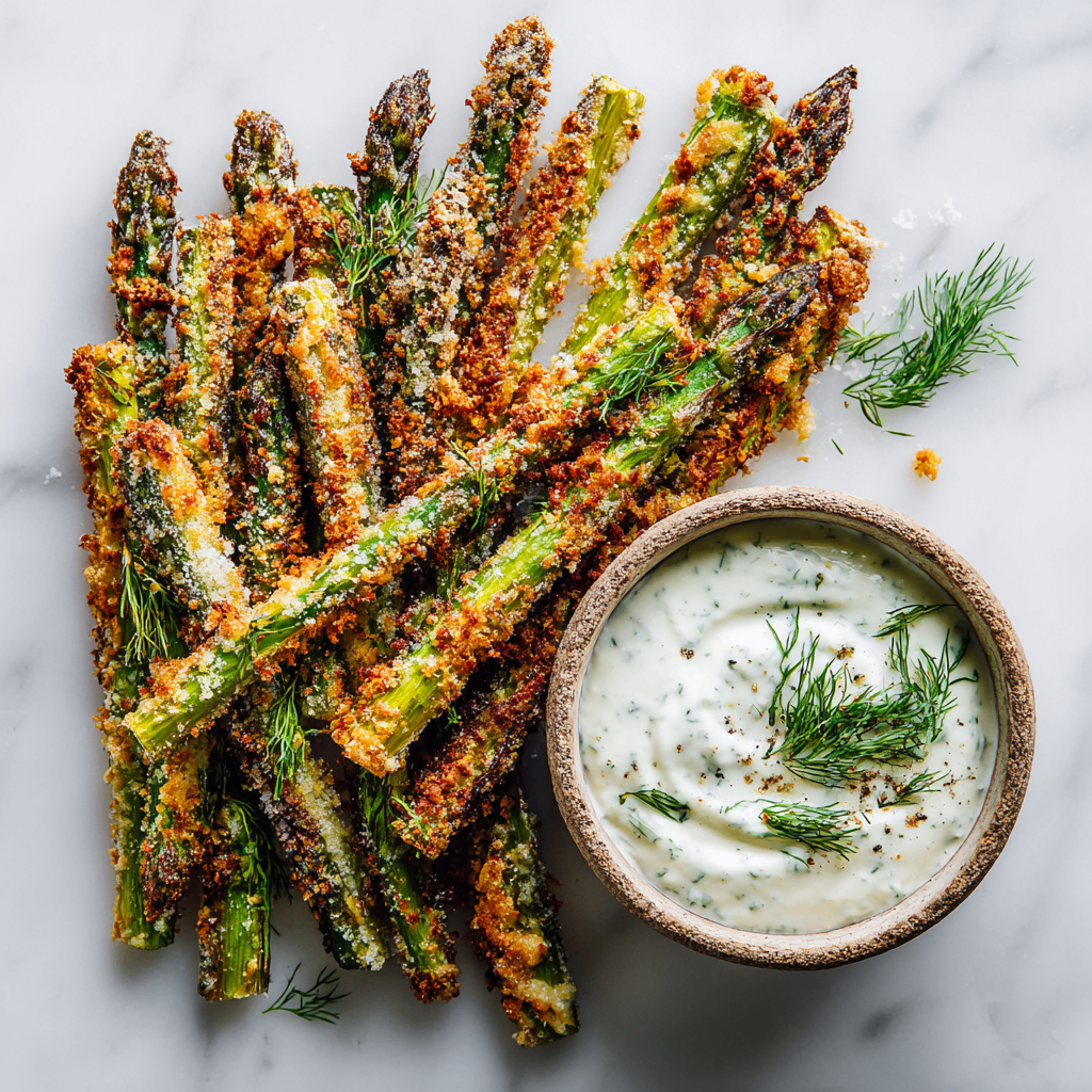 Crispy Parmesan Herb Asparagus Fries served with creamy ranch dip, a perfect holiday appetizer for gatherings.