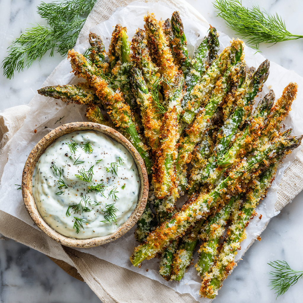 Crispy Parmesan Herb Asparagus Fries served with creamy ranch dip, a perfect holiday appetizer for gatherings.