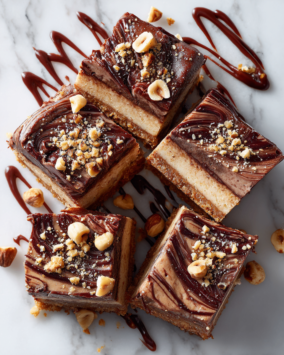 Decadent Nutella Cheesecake Bars for the Holidays Delicious Nutella cheesecake bars topped with chocolate, perfect for holiday gatherings, easy dessert recipe, creamy cheesecake bars.