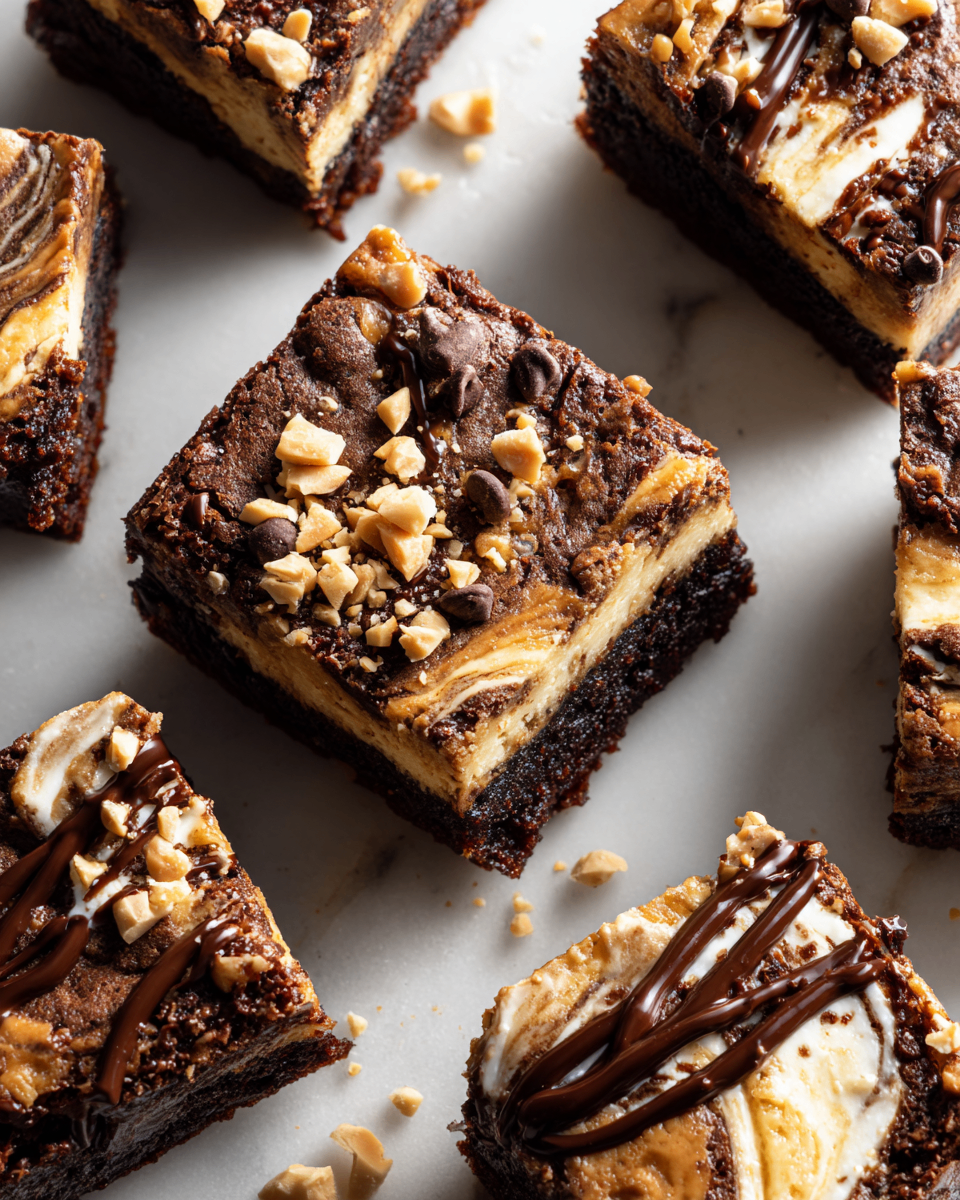 Decadent Peanut Butter Cheesecake Brownie Bars Peanut Butter Cheesecake Brownie Bars topped with chocolate drizzle, delicious holiday dessert, rich and creamy, perfect for gatherings
