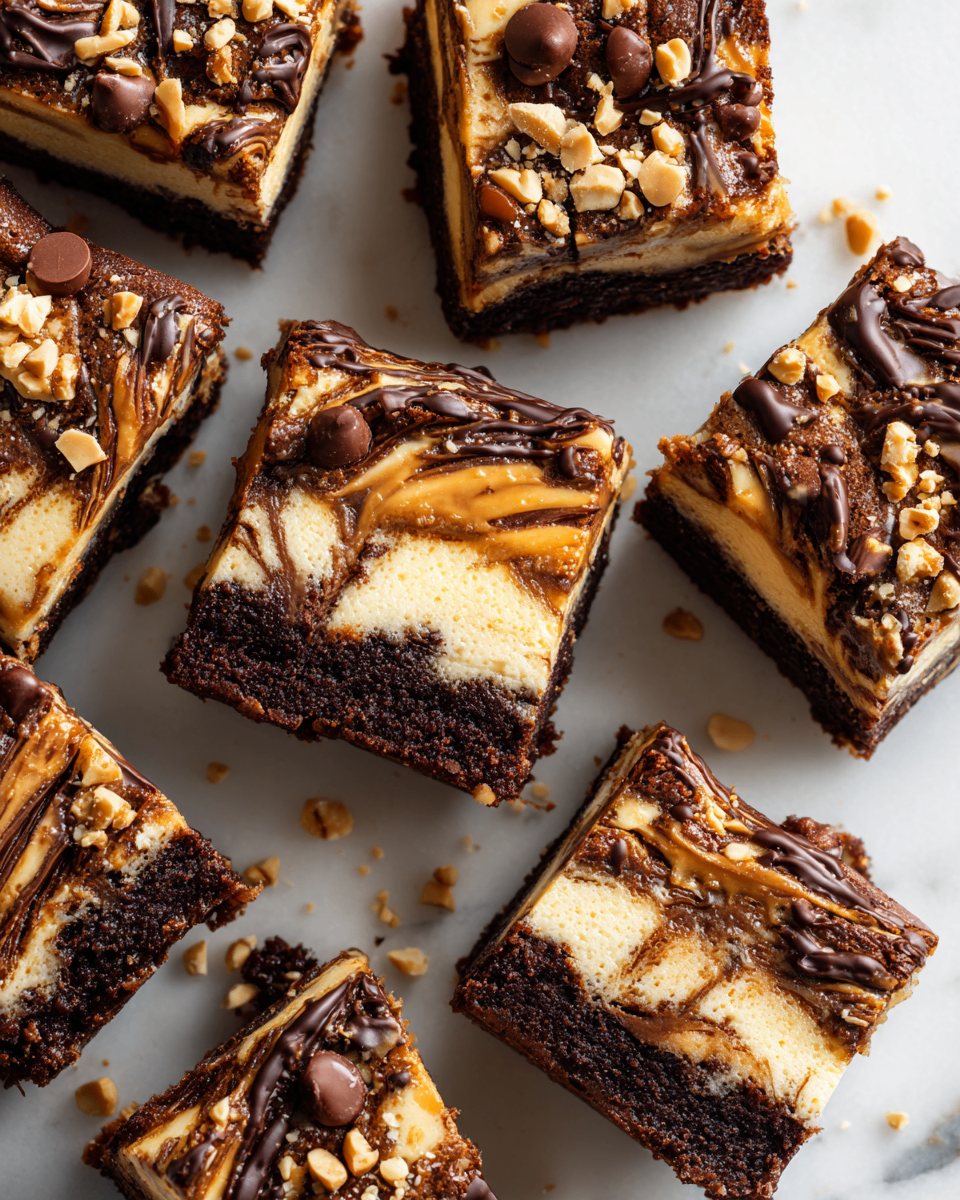 Decadent Peanut Butter Cheesecake Brownie Bars Peanut Butter Cheesecake Brownie Bars topped with chocolate drizzle, delicious holiday dessert, rich and creamy, perfect for gatherings