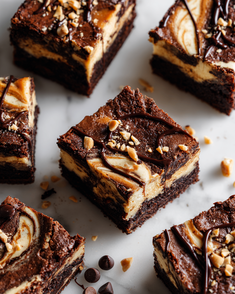 Decadent Peanut Butter Cheesecake Brownie Bars Peanut Butter Cheesecake Brownie Bars topped with chocolate drizzle, delicious holiday dessert, rich and creamy, perfect for gatherings