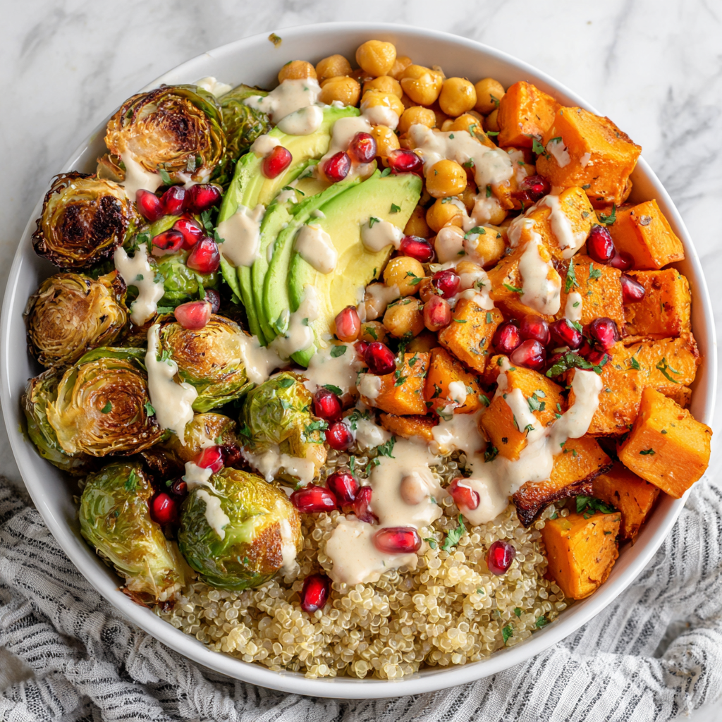 Delicious Buddha Bowl with Roasted Veggies Colorful Buddha Bowl with quinoa, roasted sweet potatoes, Brussels sprouts, avocado, and tahini dressing—a nourishing holiday dish.