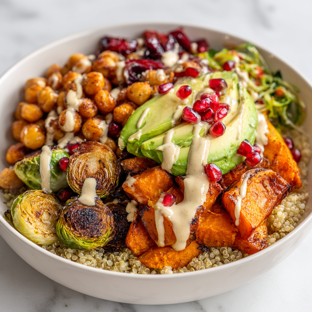 Delicious Buddha Bowl with Roasted Veggies Colorful Buddha Bowl with quinoa, roasted sweet potatoes, Brussels sprouts, avocado, and tahini dressing—a nourishing holiday dish.