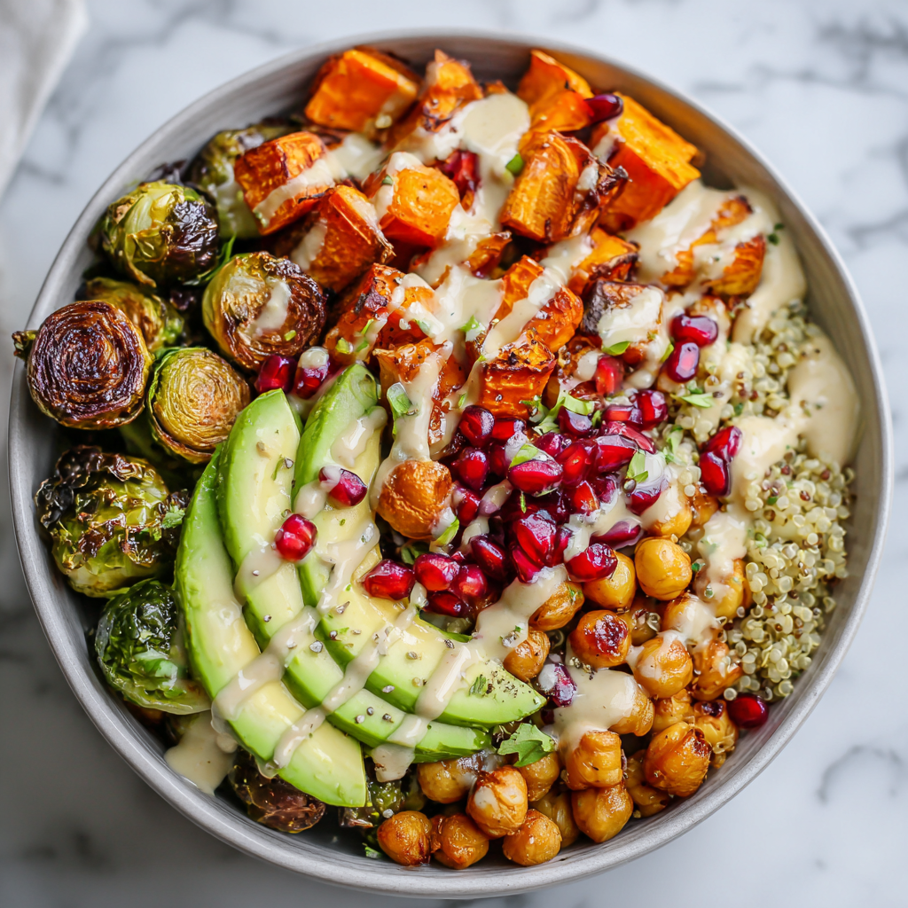 Delicious Buddha Bowl with Roasted Veggies Colorful Buddha Bowl with quinoa, roasted sweet potatoes, Brussels sprouts, avocado, and tahini dressing—a nourishing holiday dish.