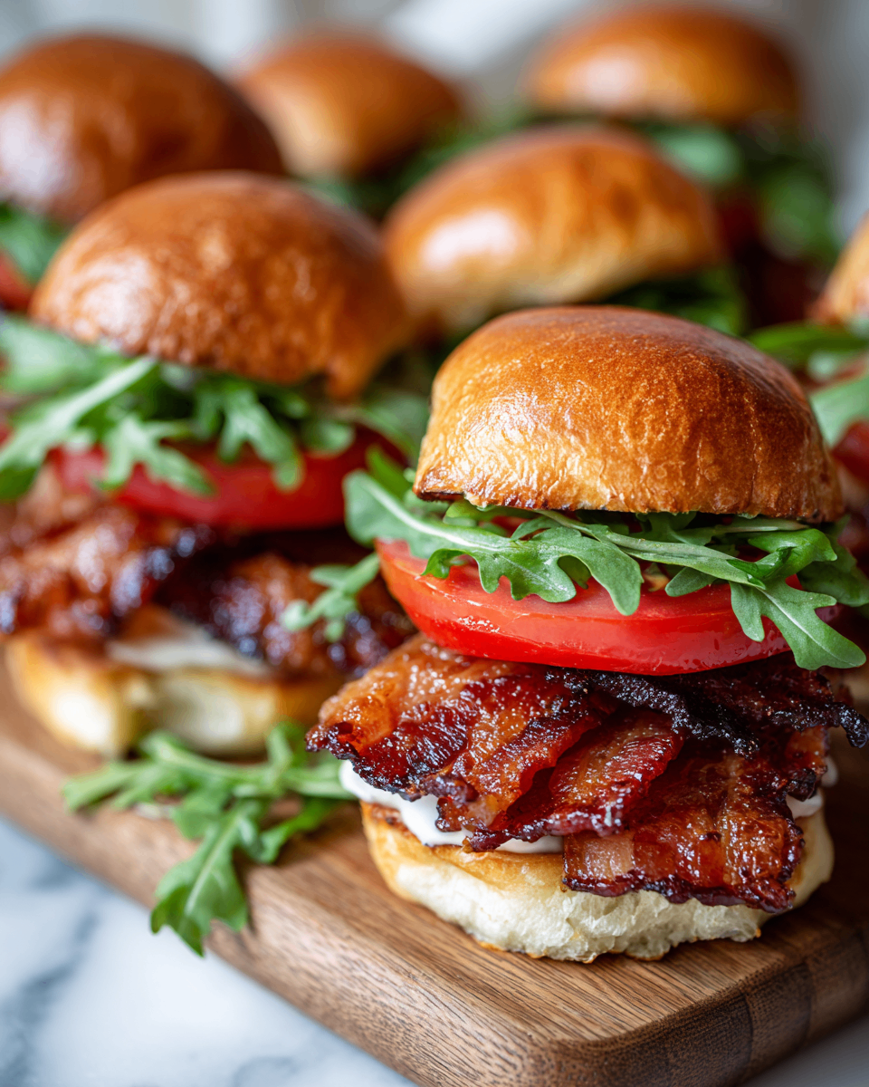 Candied Bacon BLT Sliders with crispy bacon, fresh greens, and creamy mayo on soft buns, perfect holiday appetizer, easy recipe, delicious and festive.