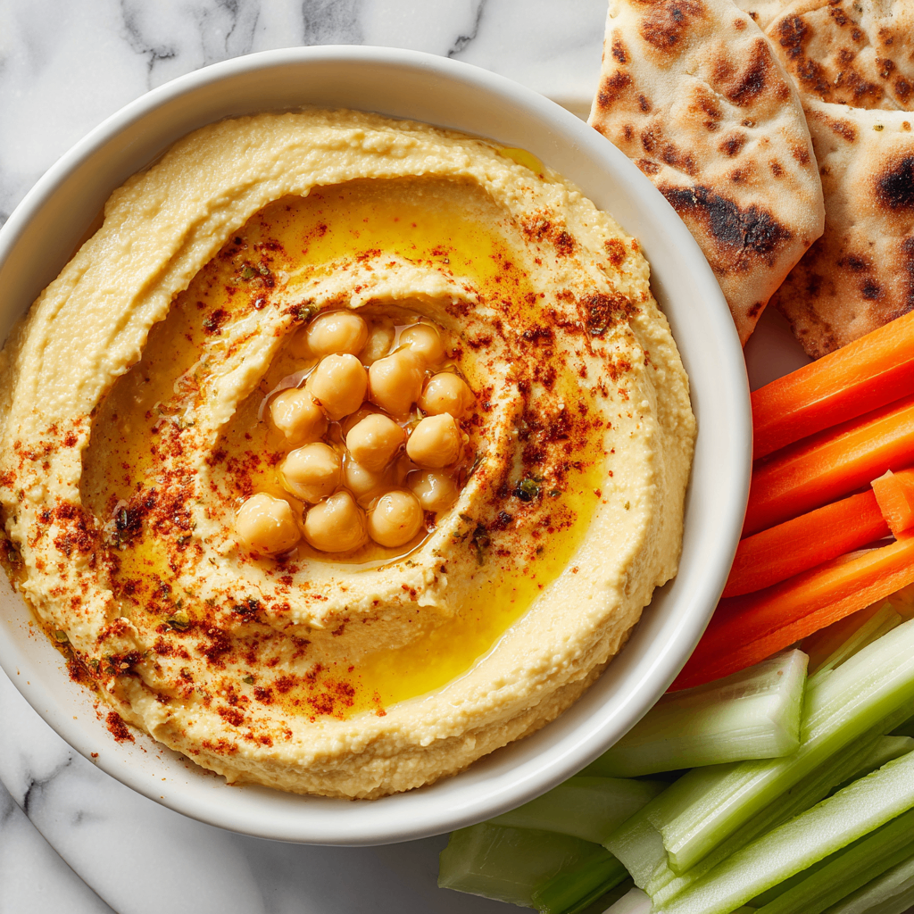 Delicious Classic Hummus Recipe Classic hummus made with chickpeas, tahini, and garlic; quick and easy recipe for healthy snacking and parties.