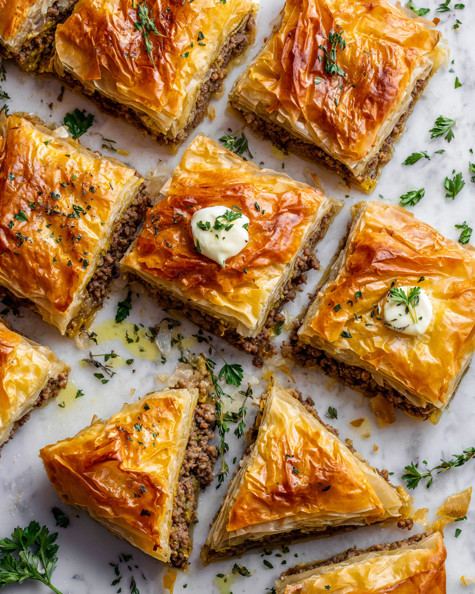 Delicious Greek Phyllo Meat Pie for Festive Gatherings Savory Greek Phyllo Meat Pie with flaky layers and spicy filling, perfect for festive gatherings, easy recipe for the holidays.