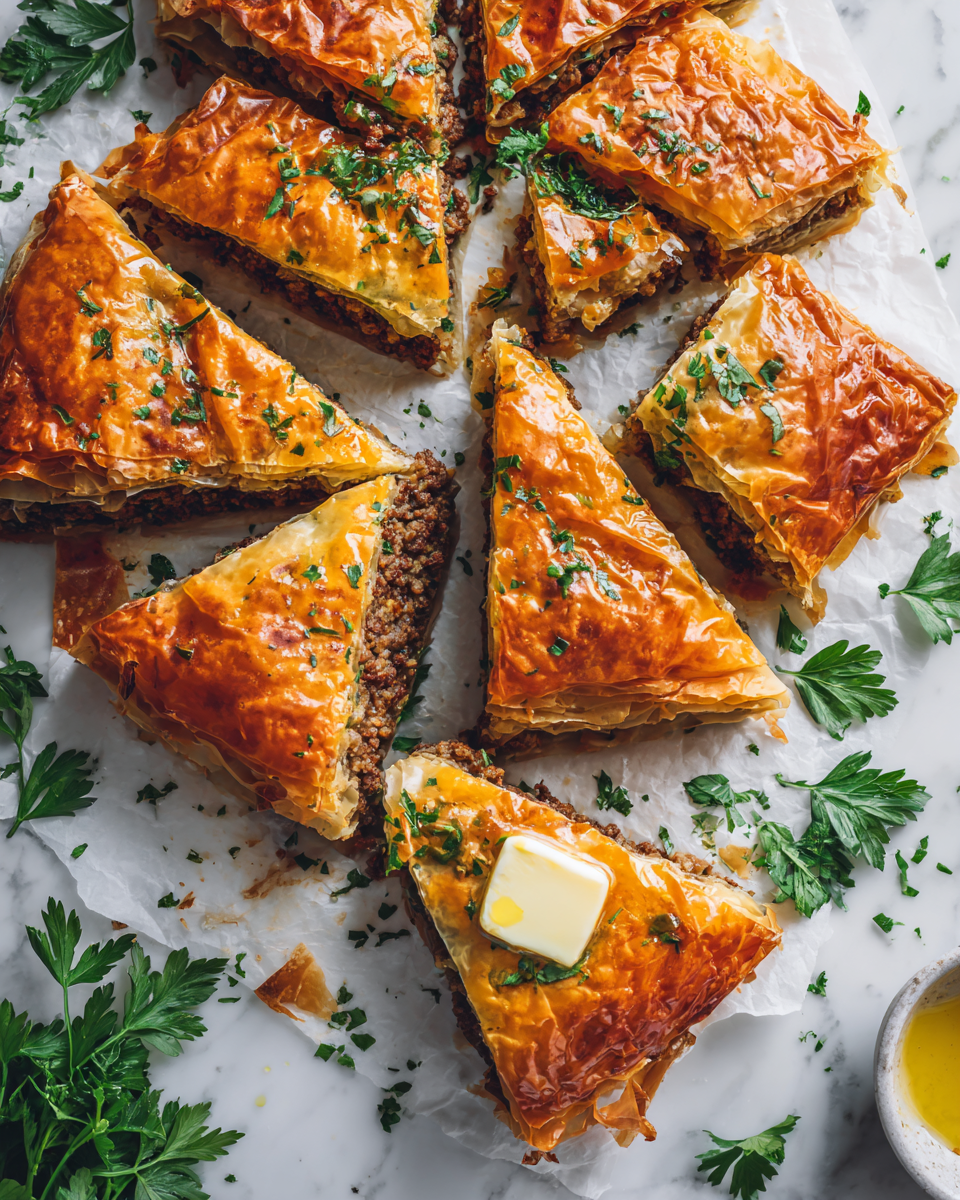 Delicious Greek Phyllo Meat Pie for Festive Gatherings Savory Greek Phyllo Meat Pie with flaky layers and spicy filling, perfect for festive gatherings, easy recipe for the holidays.