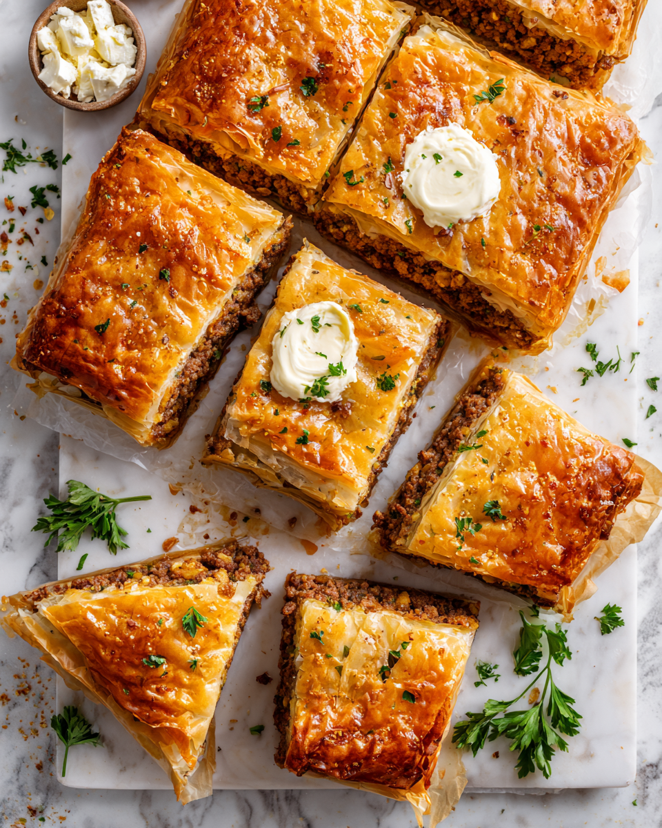 Delicious Greek Phyllo Meat Pie for Festive Gatherings Savory Greek Phyllo Meat Pie with flaky layers and spicy filling, perfect for festive gatherings, easy recipe for the holidays.