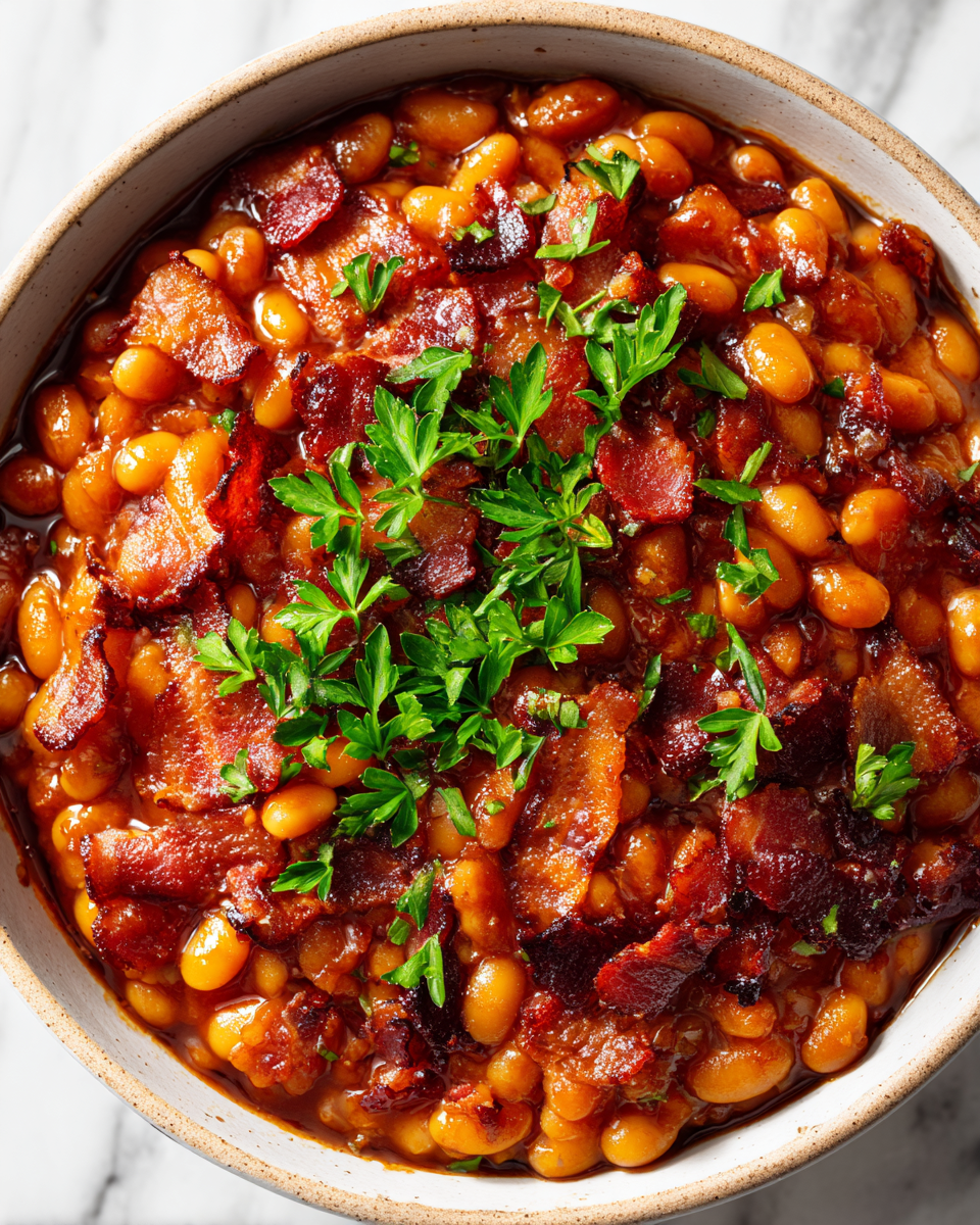 Delicious Homemade Baked Beans for Autumn Comforting homemade baked beans recipe with navy beans, bacon, and molasses, perfect for holiday gatherings.