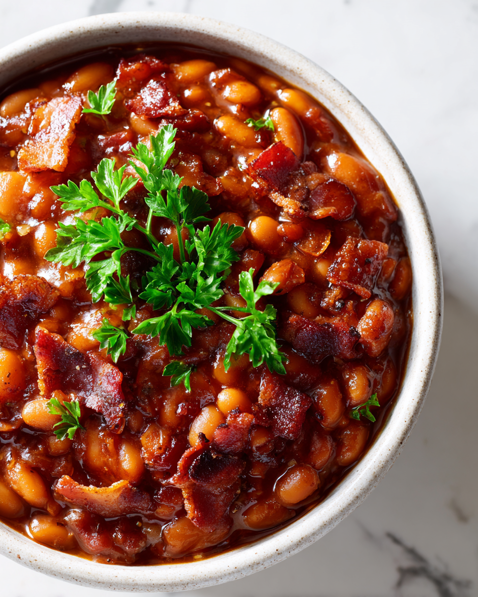 Delicious Homemade Baked Beans for Autumn Comforting homemade baked beans recipe with navy beans, bacon, and molasses, perfect for holiday gatherings.