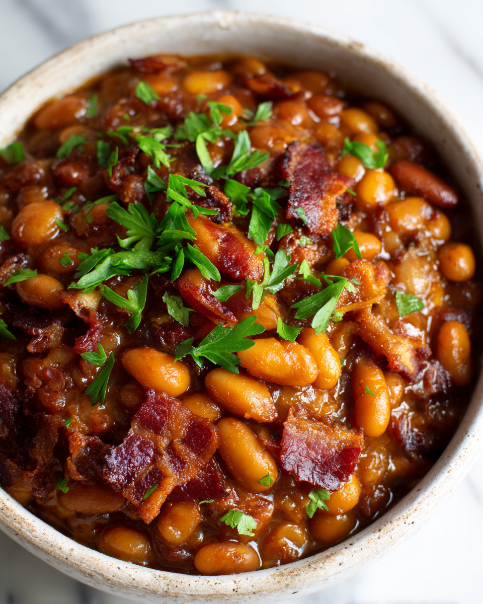 Delicious Homemade Baked Beans for Autumn Comforting homemade baked beans recipe with navy beans, bacon, and molasses, perfect for holiday gatherings.