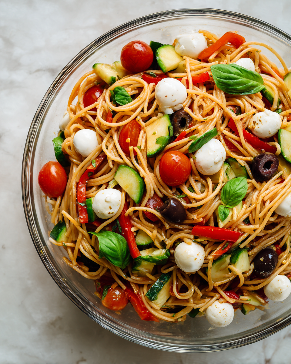 Delicious Italian Spaghetti Salad Recipe Vibrant Italian Spaghetti Salad with fresh vegetables and Italian dressing, perfect for potlucks and holiday gatherings.