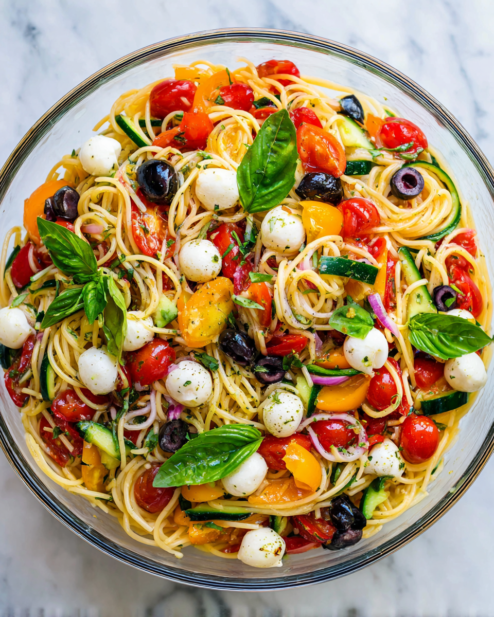 Delicious Italian Spaghetti Salad Recipe Vibrant Italian Spaghetti Salad with fresh vegetables and Italian dressing, perfect for potlucks and holiday gatherings.