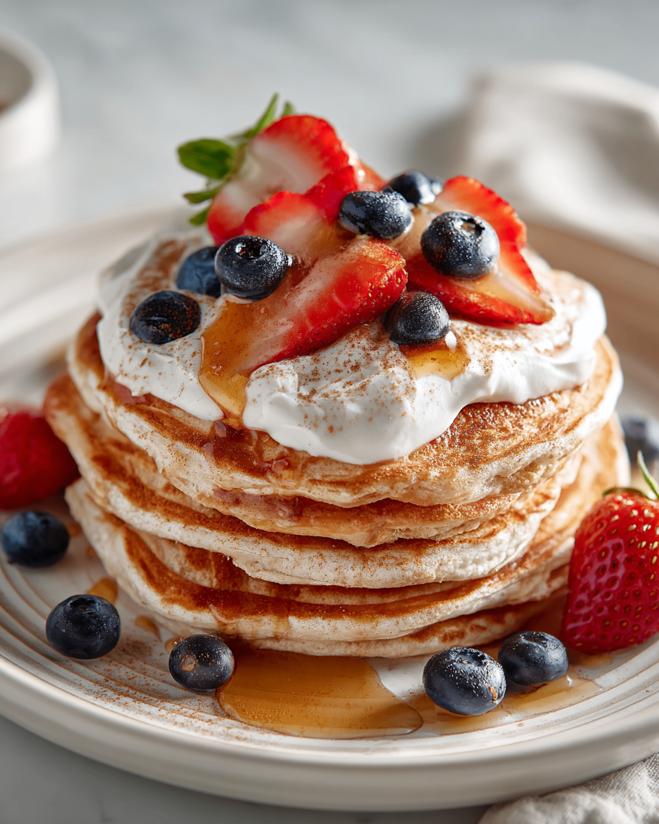 Low-calorie protein pancakes topped with cinnamon Greek yogurt, a healthy brunch option packed with flavor and nutrition.