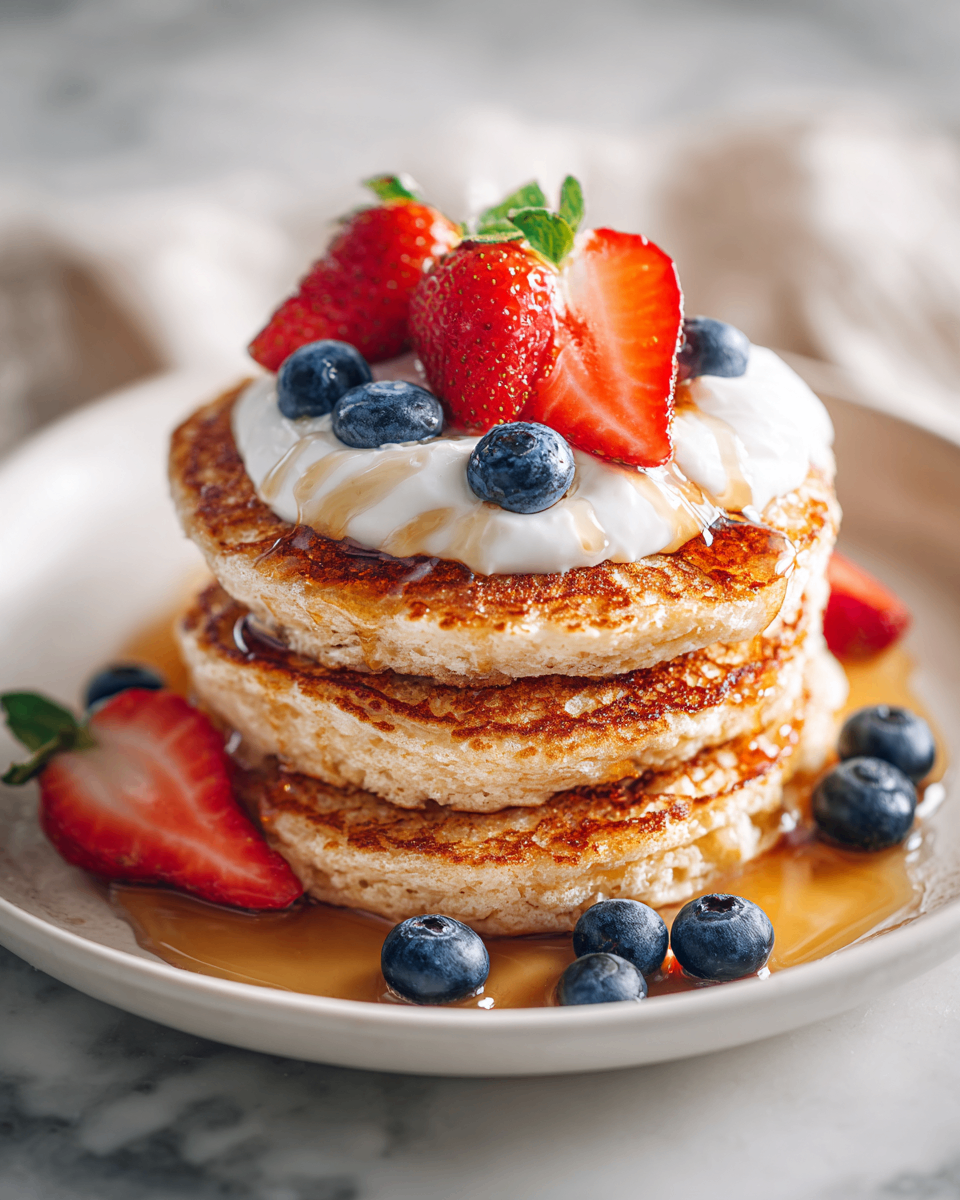 Low-calorie protein pancakes topped with cinnamon Greek yogurt, a healthy brunch option packed with flavor and nutrition.