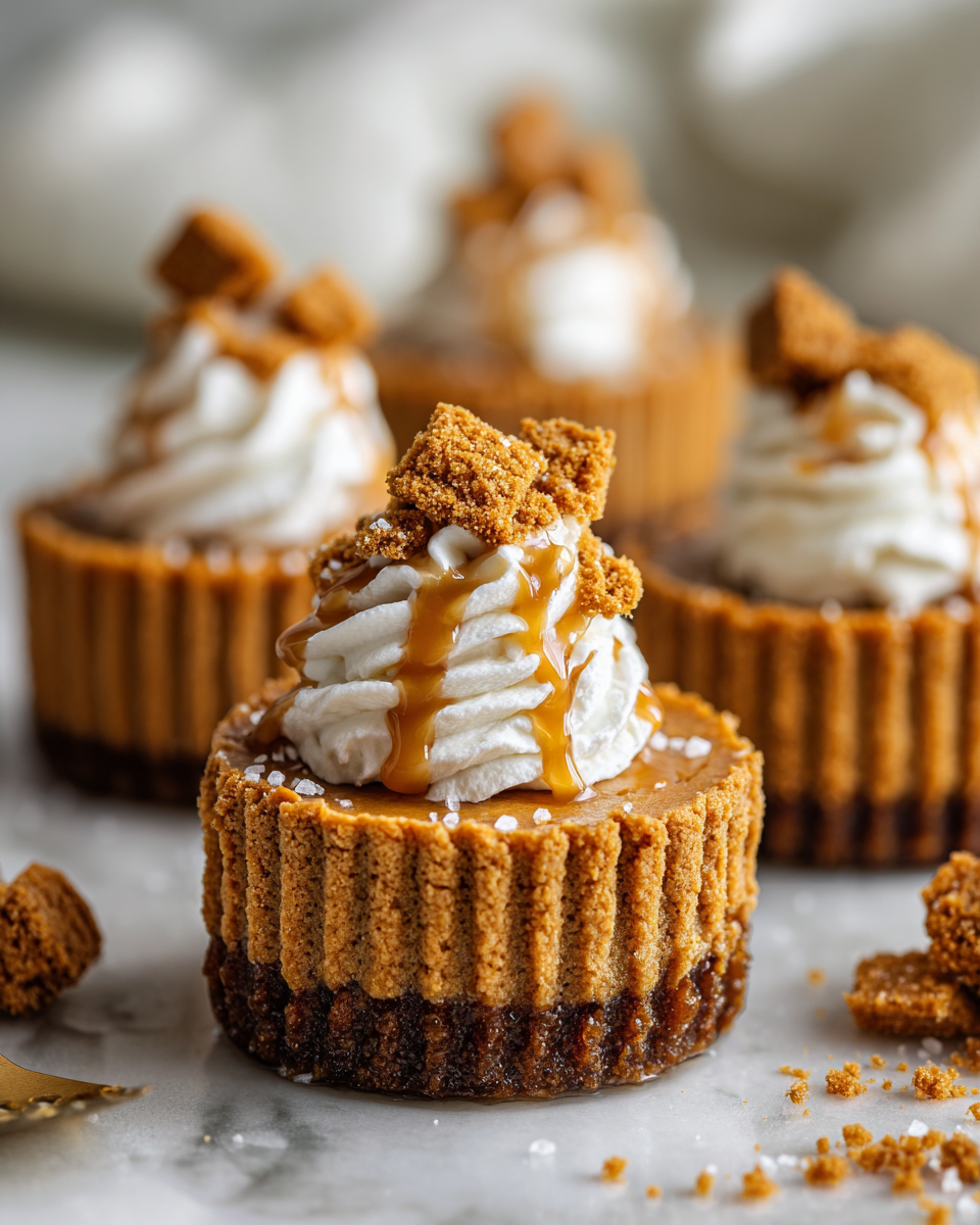 Mini Biscoff cheesecakes topped with Biscoff cookies, a delicious dessert for holidays