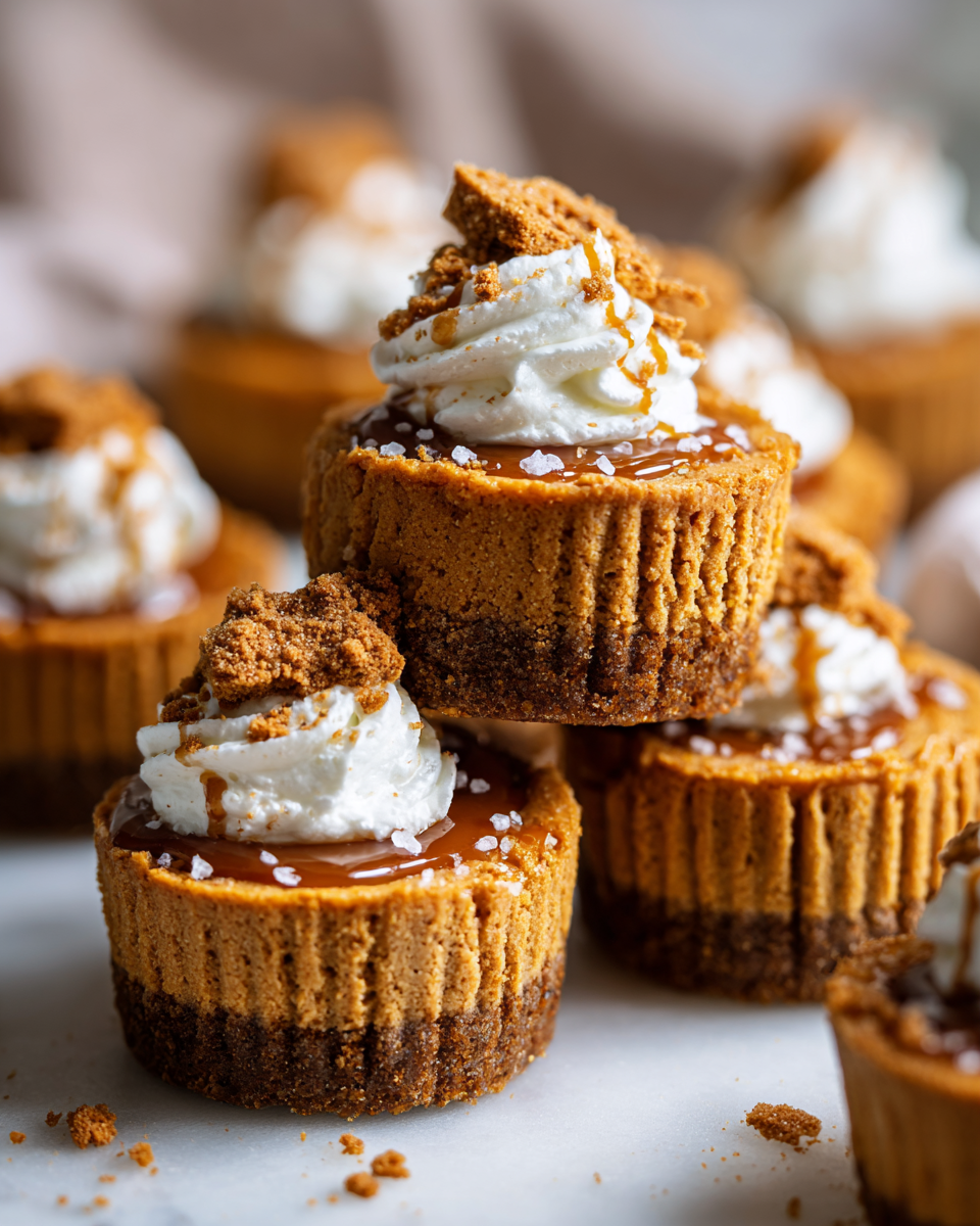 Mini Biscoff cheesecakes topped with Biscoff cookies, a delicious dessert for holidays