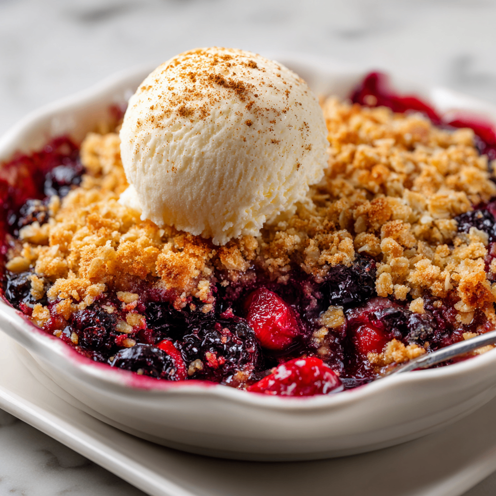 Delicious Mixed Berry Dessert Crisp for Fall Mixed berry crisp dessert with a golden oat topping, served warm with ice cream, perfect for autumn gatherings.