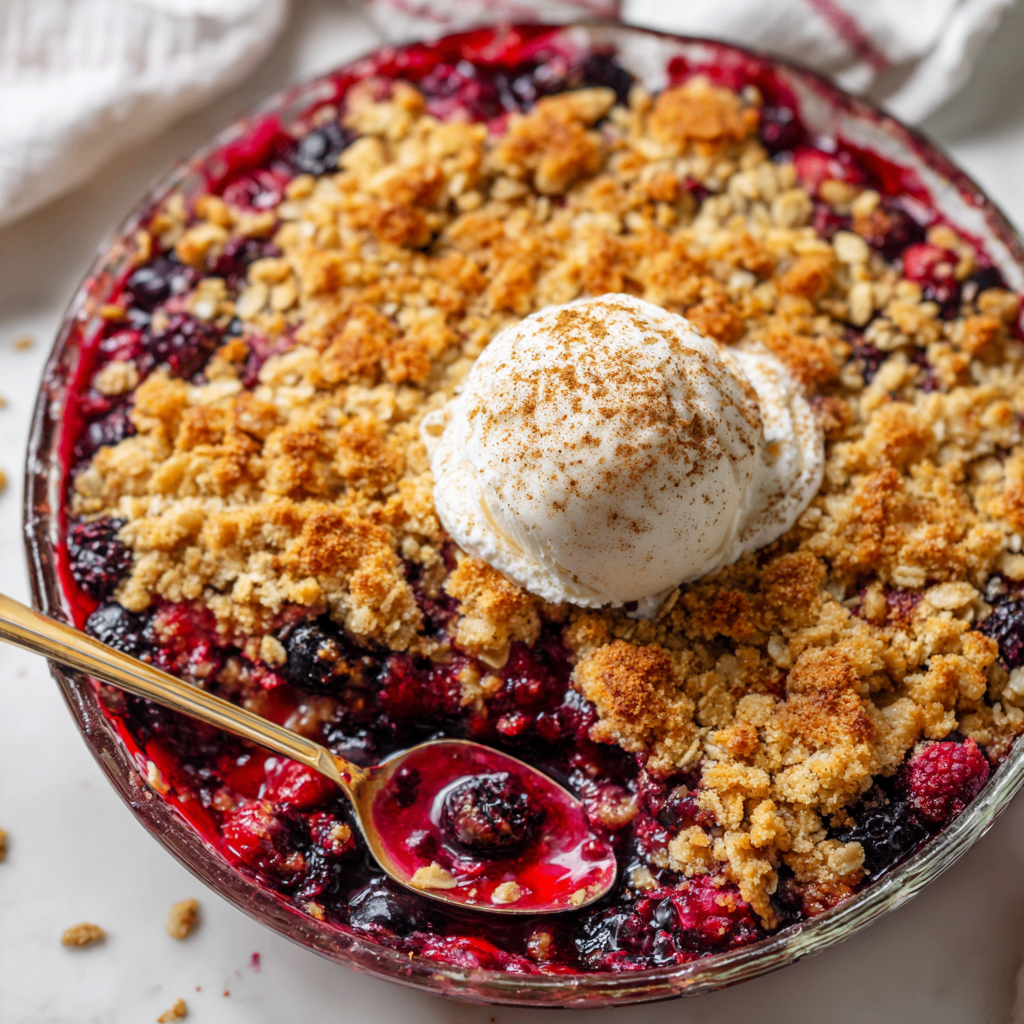 Delicious Mixed Berry Dessert Crisp for Fall Mixed berry crisp dessert with a golden oat topping, served warm with ice cream, perfect for autumn gatherings.
