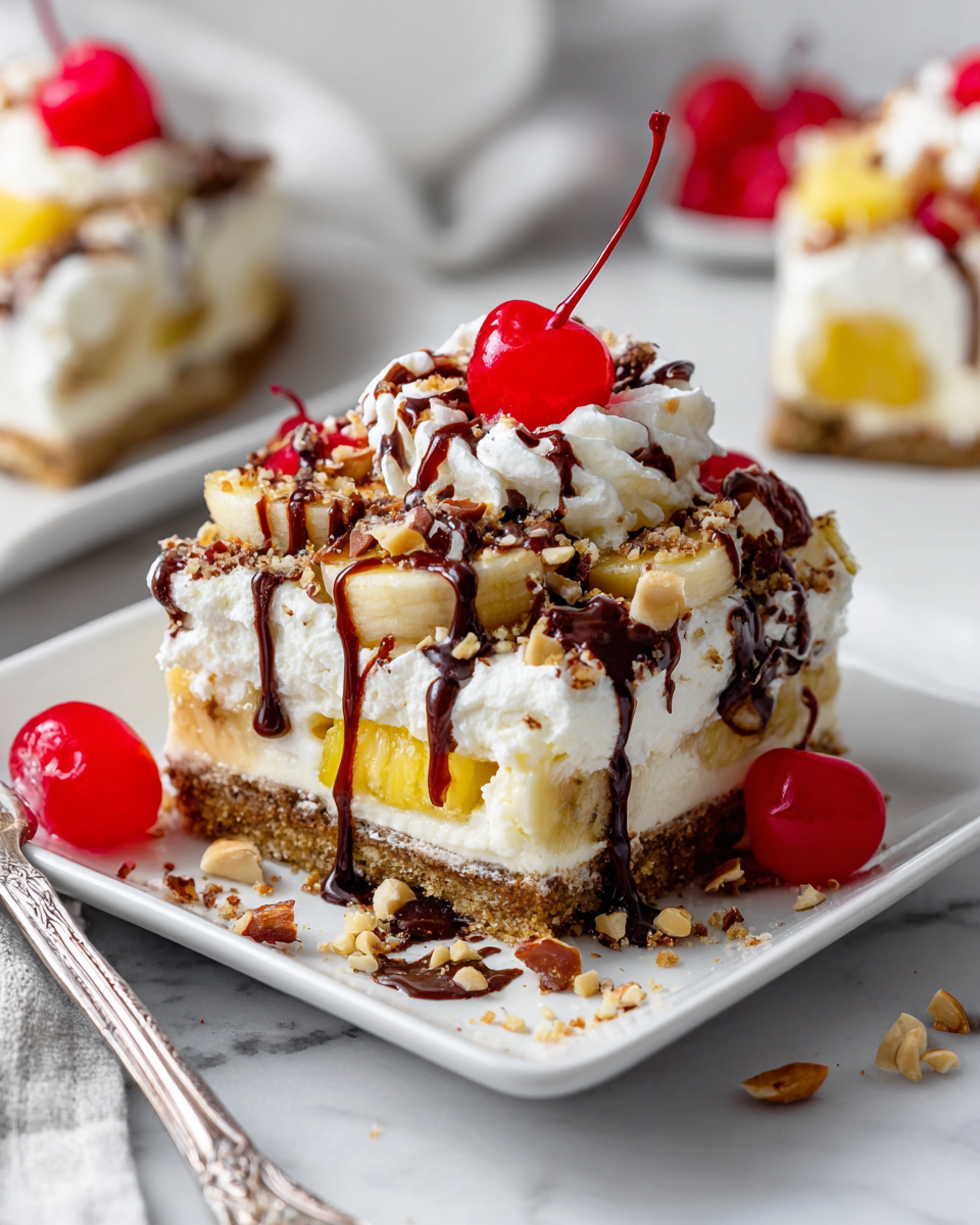No-Bake Banana Split Dessert with creamy layers and toppings, perfect holiday treat